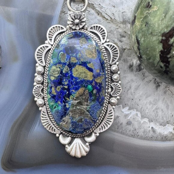 Sterling Silver Southwestern Style Elongated Oval Chrysocolla Decorated Pendant - Picture 6 of 10